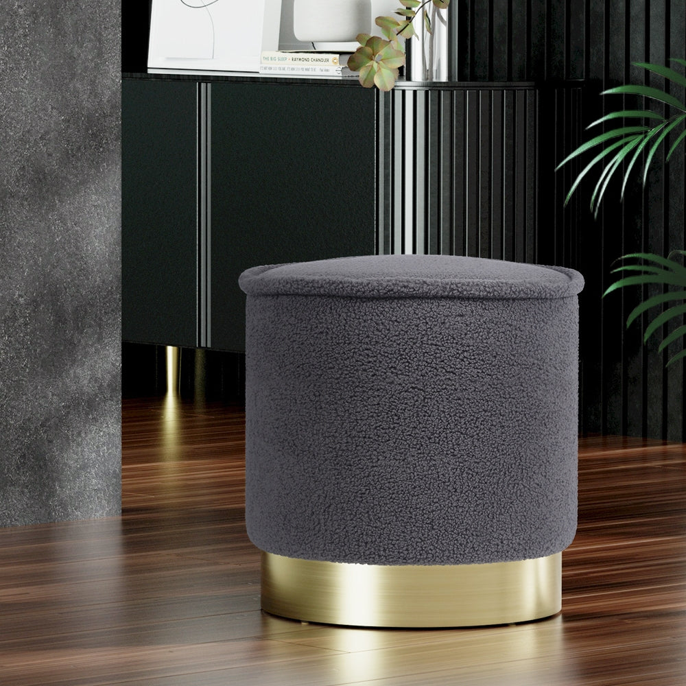 Artiss Ottoman Foot Stool Round Teddy Fabric Charcoal - Cosy Abode
