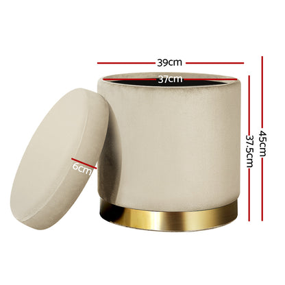 Artiss Ottoman Storage Foot Stool Round Velvet Cream - Cosy Abode