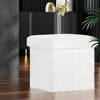 Artiss Ottoman Storage Foot Stool Square Teddy Fabric White - Cosy Abode