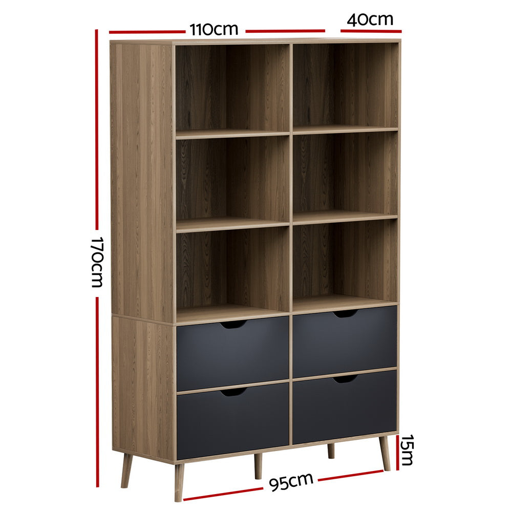 Artiss Bookshelf with 4 Drawers - MITZI Oak and Blue - Cosy Abode