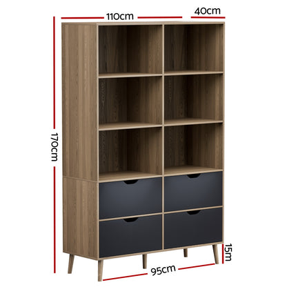 Artiss Bookshelf with 4 Drawers - MITZI Oak and Blue - Cosy Abode