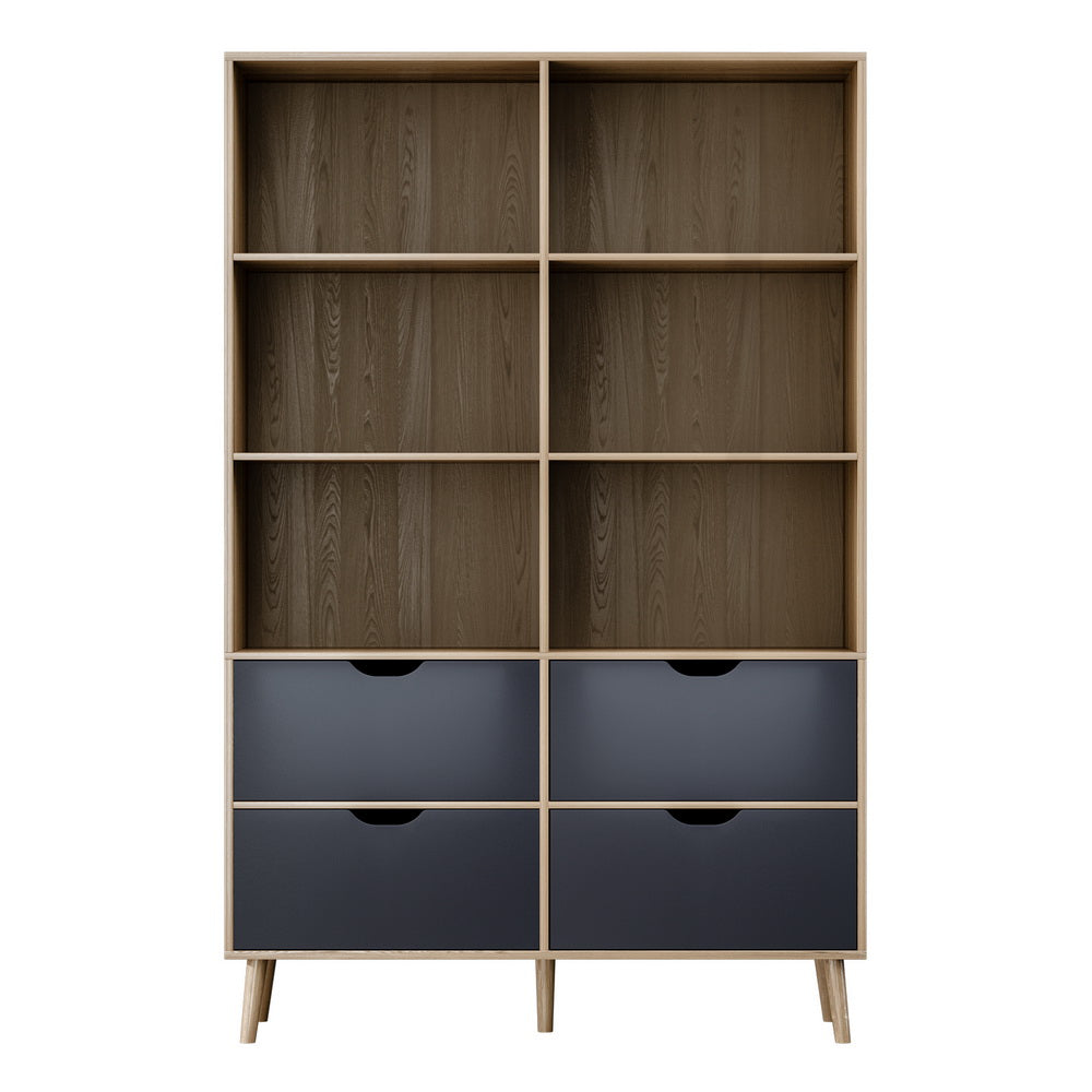 Artiss Bookshelf with 4 Drawers - MITZI Oak and Blue - Cosy Abode