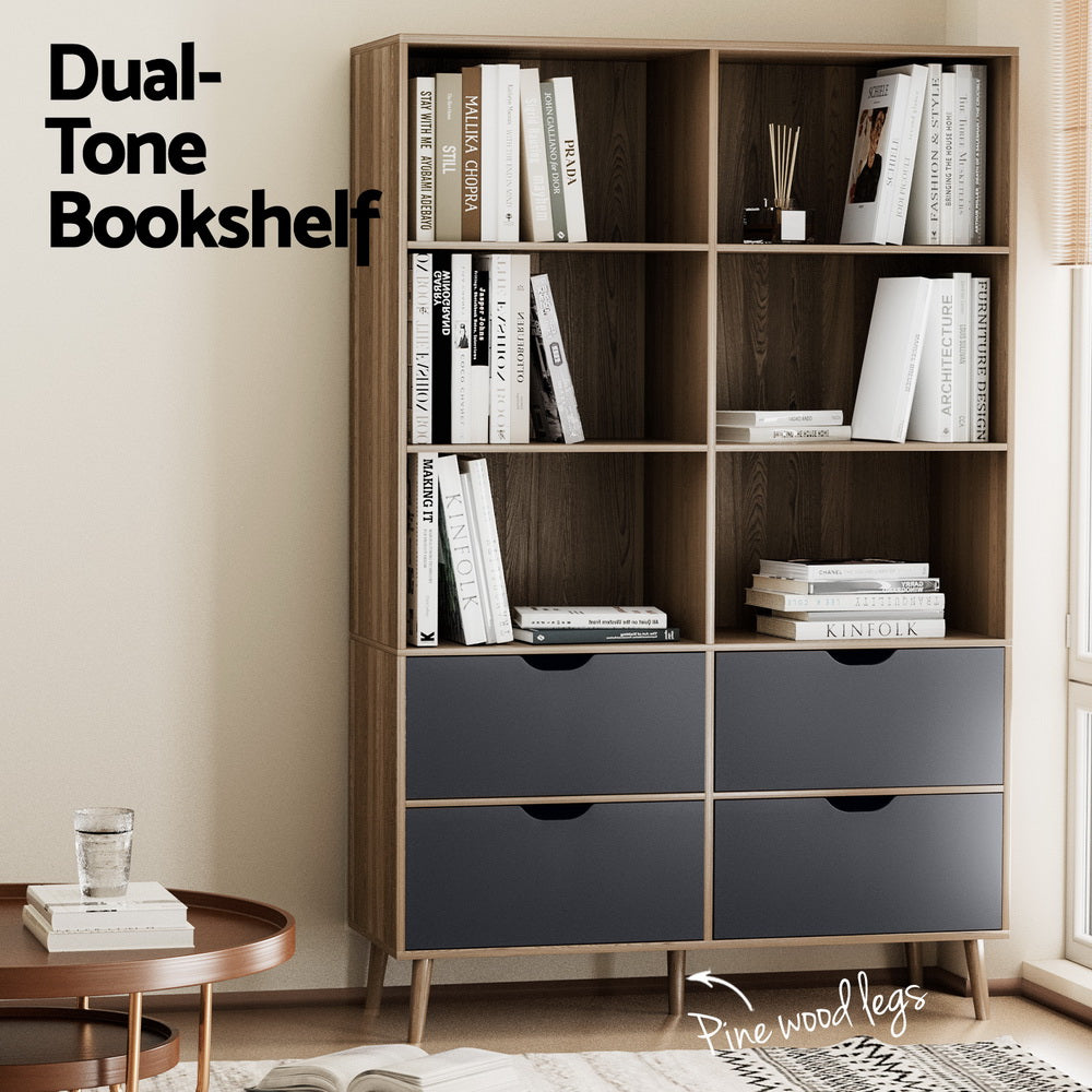 Artiss Bookshelf with 4 Drawers - MITZI Oak and Blue - Cosy Abode
