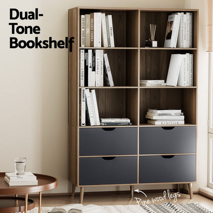 Artiss Bookshelf with 4 Drawers - MITZI Oak and Blue - Cosy Abode