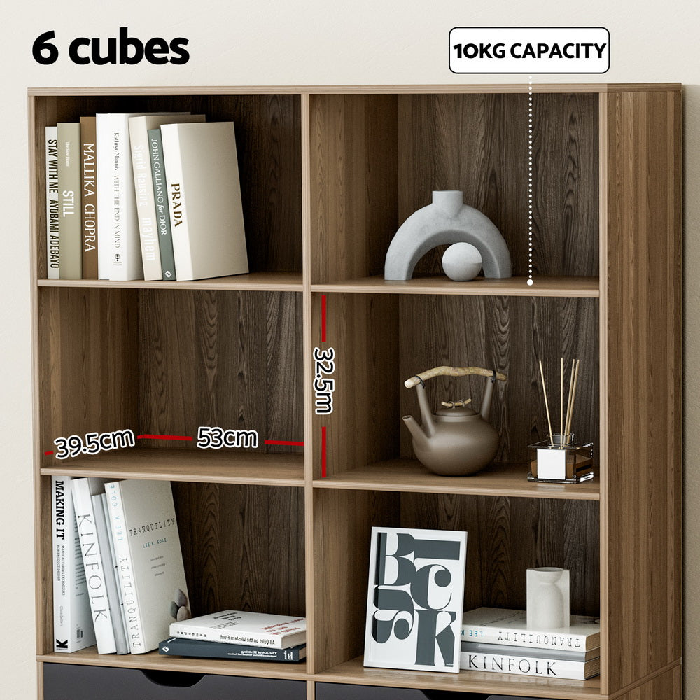 Artiss Bookshelf with 4 Drawers - MITZI Oak and Blue - Cosy Abode