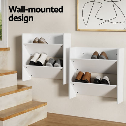Artiss Shoe Rack 2-tier 12 Pairs Wall Mounted x2 - White - Cosy Abode
