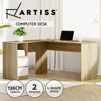 Artiss Computer Desk Drawer Cabinet L-Shape Oak 136CM - Cosy Abode