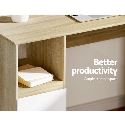 Artiss Computer Desk Drawer Cabinet L-Shape Oak 136CM - Cosy Abode