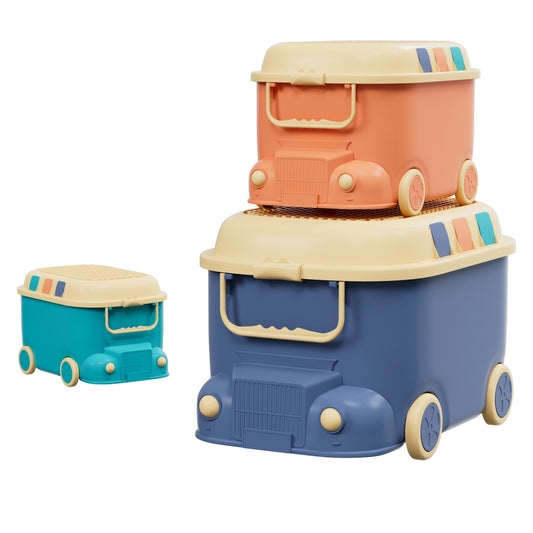 Keezi 3PCS Toy Storage Box Cute Car Toy Container Kids Toys Organiser Snack Boxes - Cosy Abode