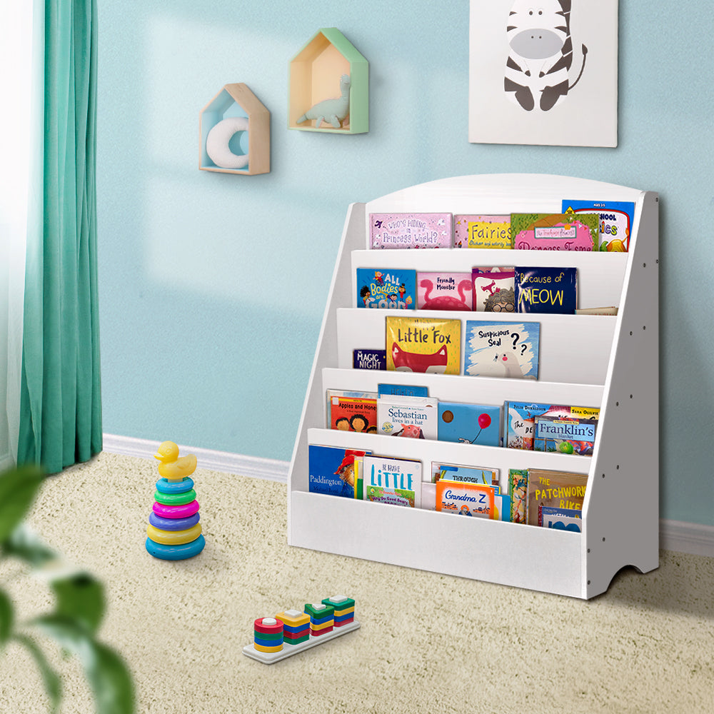Keezi 5 Tiers Kids Bookshelf Magazine Shelf Organiser Bookcase Display Rack White - Cosy Abode