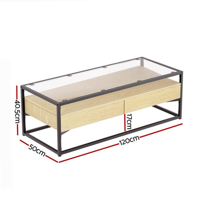 Artiss Coffee Table 2 Drawers Glass Tabletop Pine - Cosy Abode
