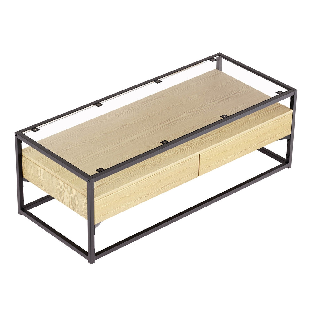 Artiss Coffee Table 2 Drawers Glass Tabletop Pine - Cosy Abode