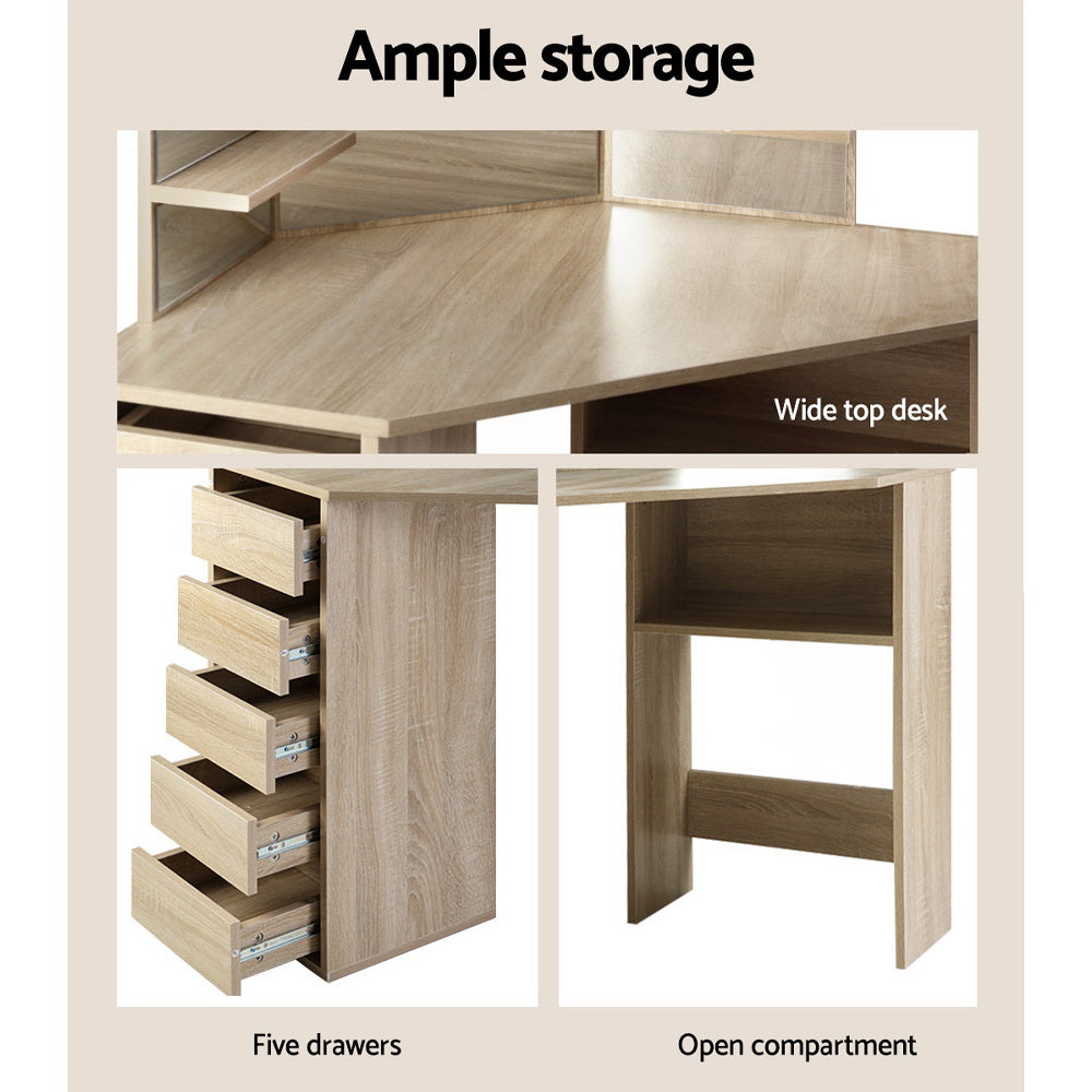 Artiss Dressing Table Stool Set Corner 5 Drawers Oak - Cosy Abode