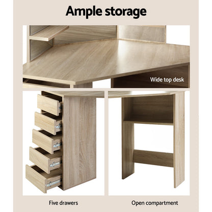 Artiss Dressing Table Stool Set Corner 5 Drawers Oak - Cosy Abode