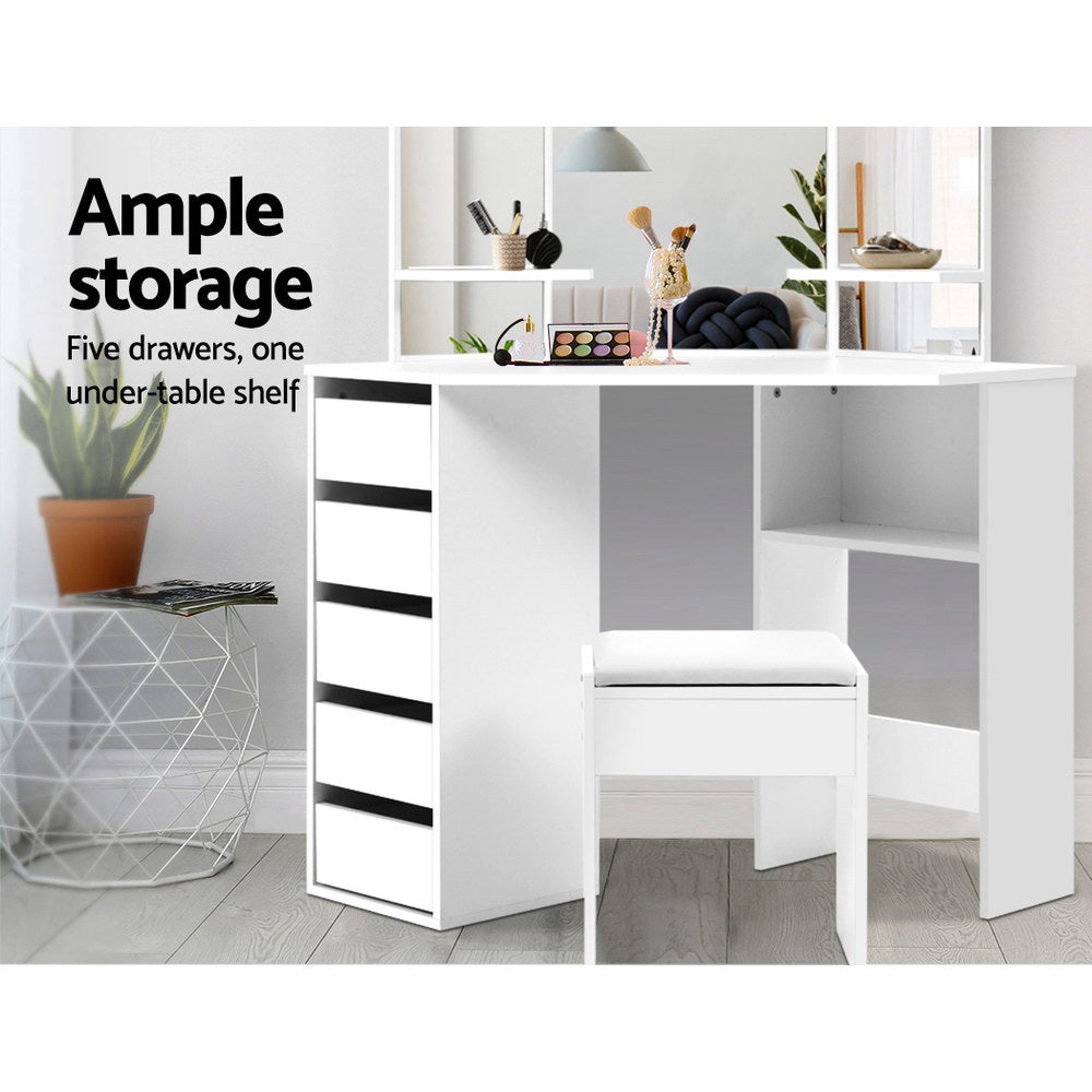 Artiss Dressing Table Stool Set Corner 5 Drawers White - Cosy Abode
