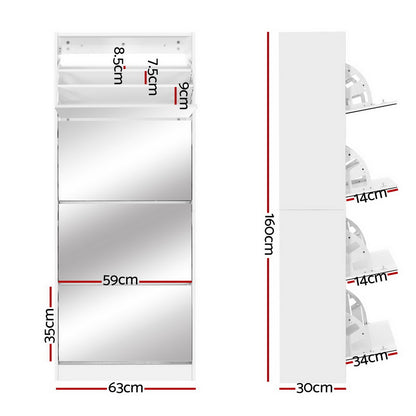 Artiss Shoe Rack Cabinet Mirror 60 Pairs White Rira - Cosy Abode