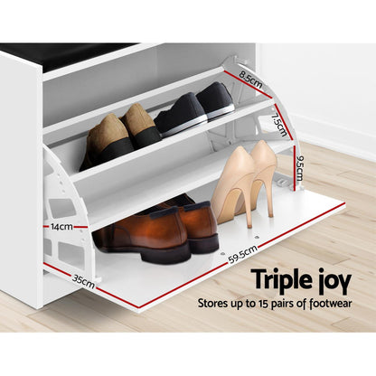 Artiss Shoe Cabinet Bench Shoes Storage Rack Organiser Drawer White 15 Pairs - Cosy Abode