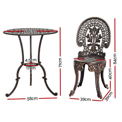 Gardeon 3PC Patio Furniture Outdoor Bistro Set Dining Chairs Aluminium Bronze - Cosy Abode