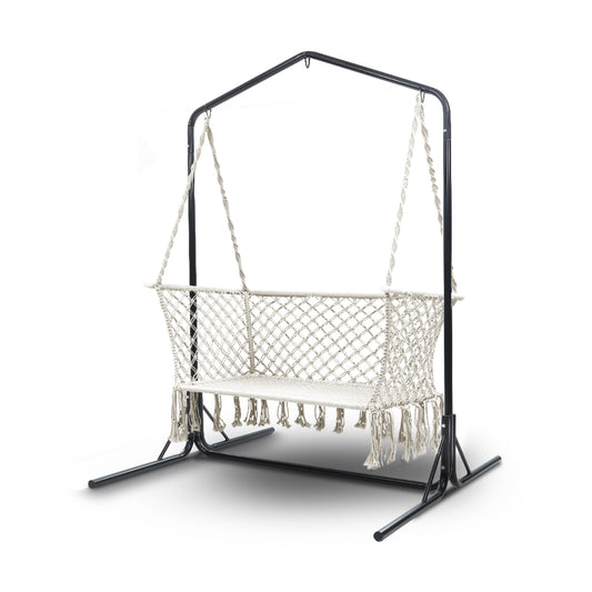 Gardeon Garden Hammock Chair with Stand Macrame 2 Seater - Cream - Cosy Abode