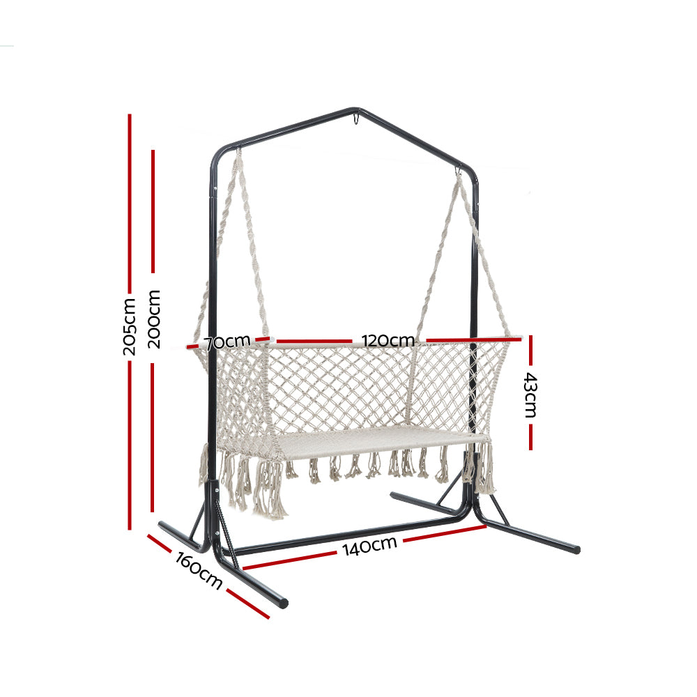 Gardeon Garden Hammock Chair with Stand Macrame 2 Seater - Cream - Cosy Abode