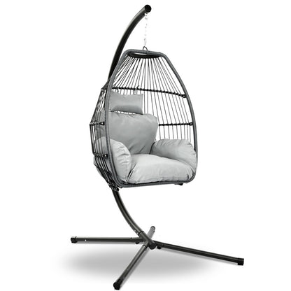 Gardeon Wicker Outdoor Furniture Egg Swing with Cushion & Pod Stand - Grey - Cosy Abode