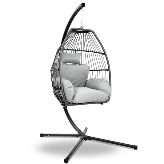 Gardeon Wicker Outdoor Furniture Egg Swing with Cushion & Pod Stand - Grey - Cosy Abode