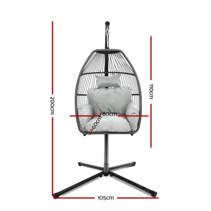 Gardeon Wicker Outdoor Furniture Egg Swing with Cushion & Pod Stand - Grey - Cosy Abode