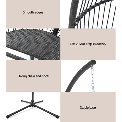 Gardeon Wicker Outdoor Furniture Egg Swing with Cushion & Pod Stand - Grey - Cosy Abode