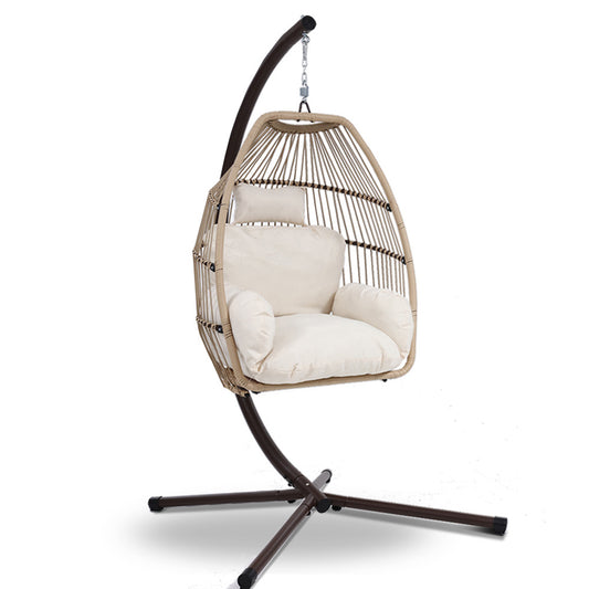 Gardeon Wicker Outdoor Furniture Egg Swing with Cushion & Pod Stand - Latte - Cosy Abode
