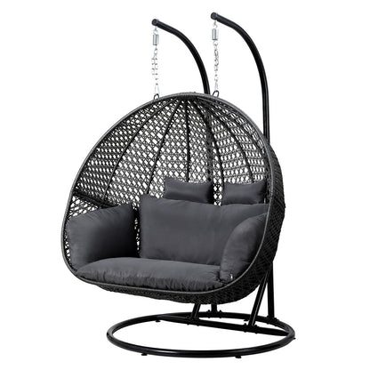 Gardeon Wicker Outdoor 2 Person Egg Swing Chair with Cushions & Pod - Grey - Cosy Abode
