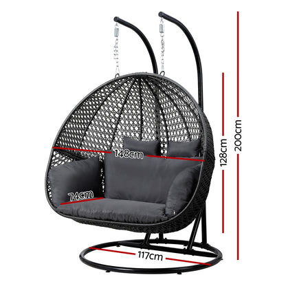 Gardeon Wicker Outdoor 2 Person Egg Swing Chair with Cushions & Pod - Grey - Cosy Abode