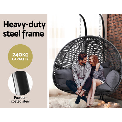 Gardeon Wicker Outdoor 2 Person Egg Swing Chair with Cushions & Pod - Grey - Cosy Abode