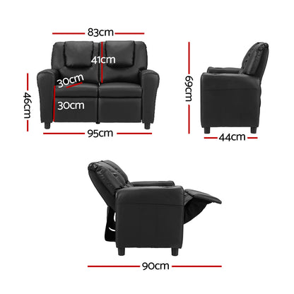 Keezi Kids Recliner Chair Double PU Leather Sofa Lounge Couch Armchair Black - Cosy Abode