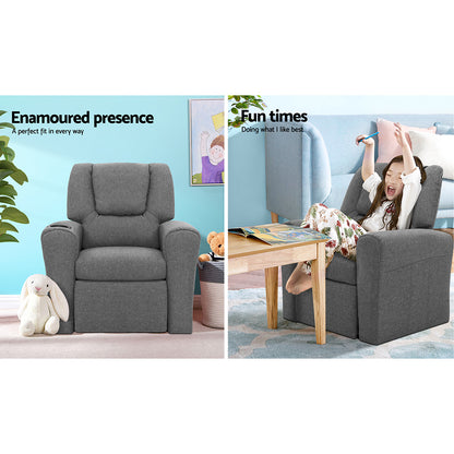 Keezi Kids Recliner Chair Linen Soft Sofa Lounge Couch Children Armchair Grey - Cosy Abode
