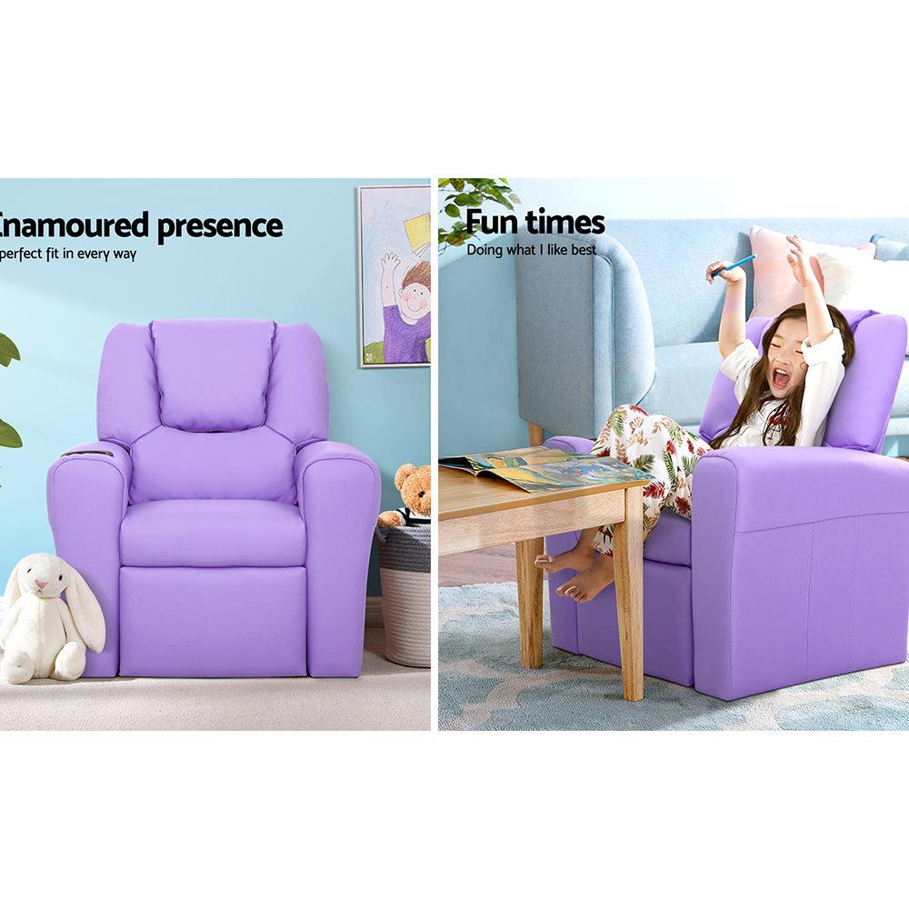 Keezi Kids Recliner Chair Purple PU Leather Sofa Lounge Couch Children Armchair - Cosy Abode