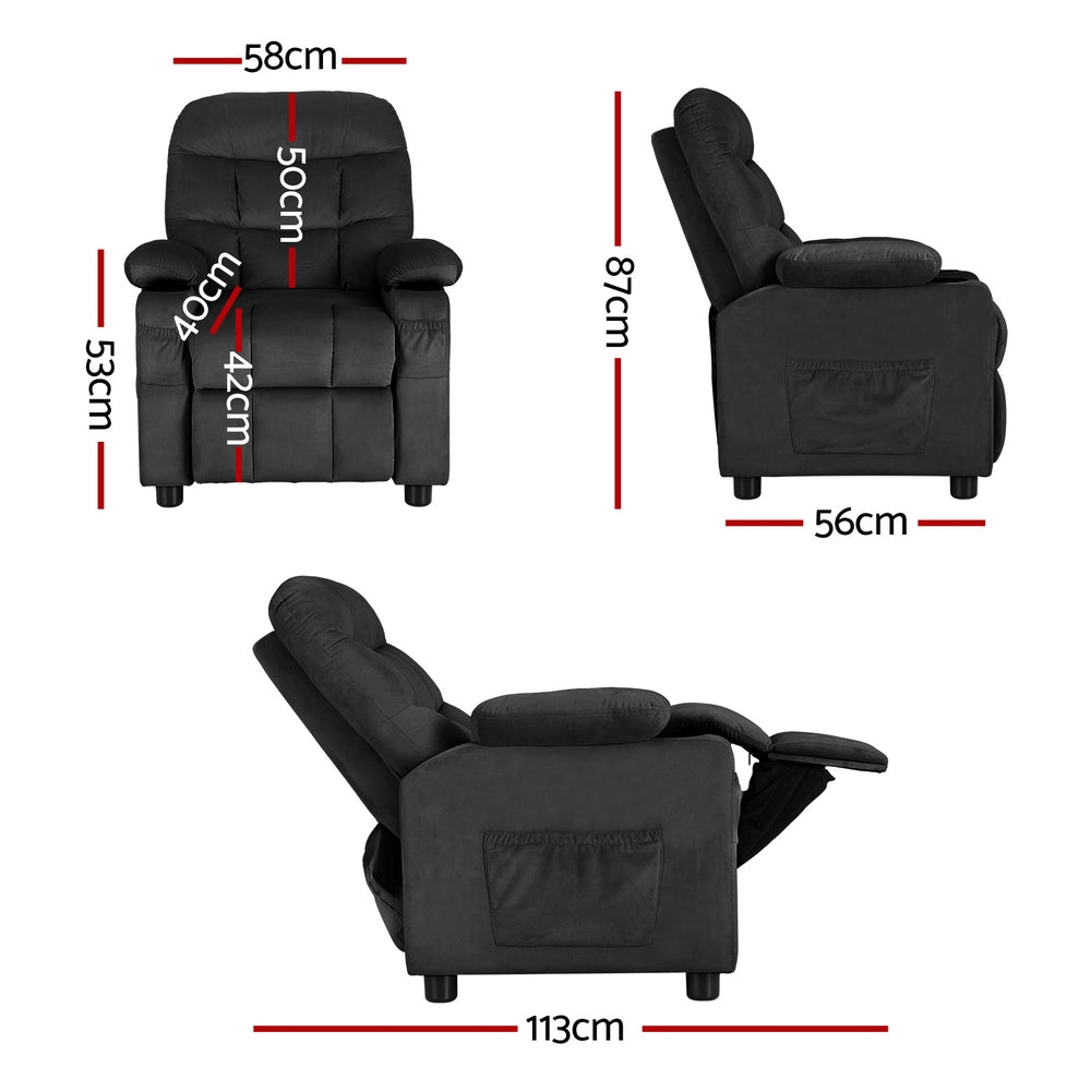 Keezi Kids Recliner Chair Black Velvet Sofa Lounge Couch Children Charis Armchair - Cosy Abode