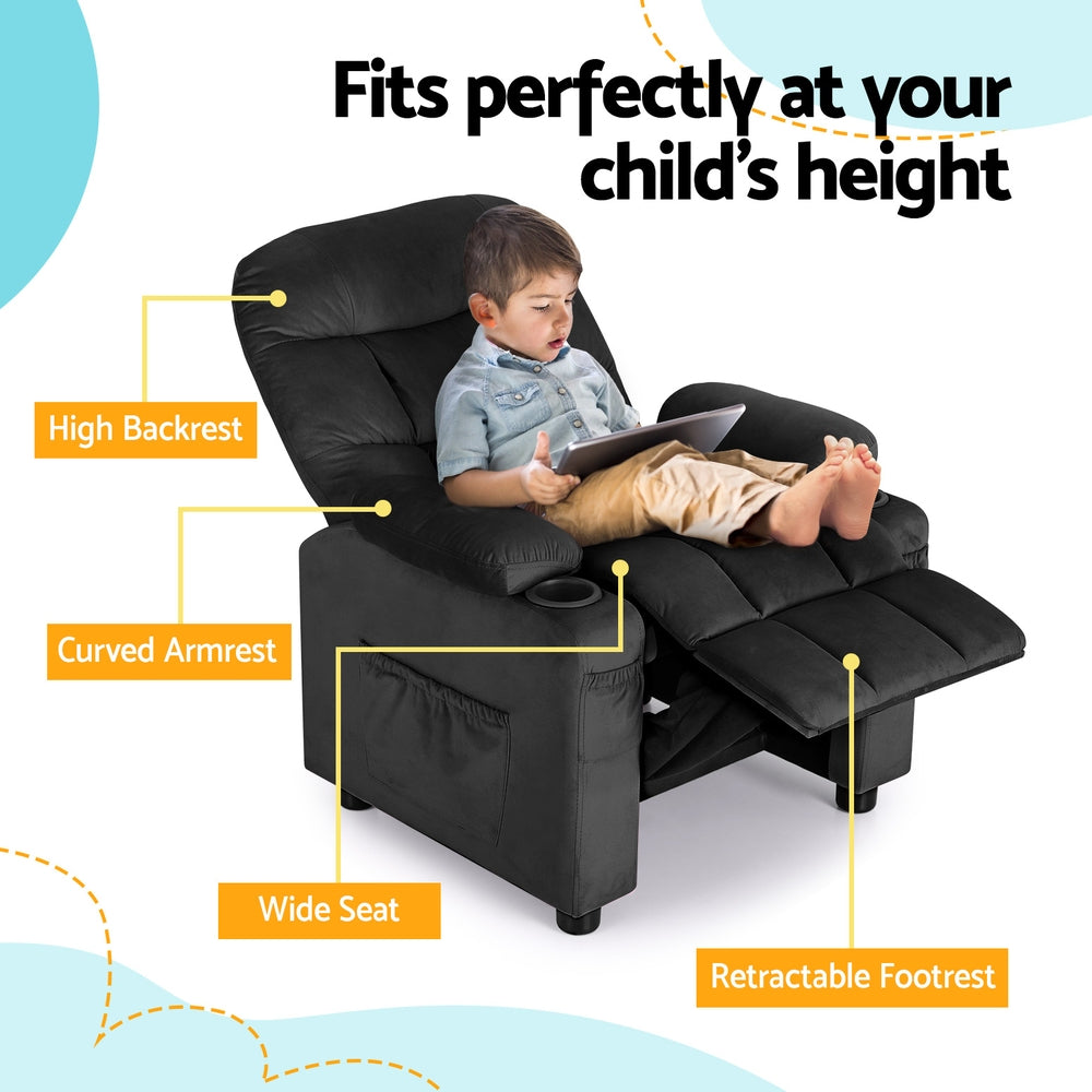 Keezi Kids Recliner Chair Black Velvet Sofa Lounge Couch Children Charis Armchair - Cosy Abode