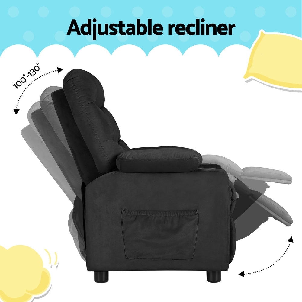 Keezi Kids Recliner Chair Black Velvet Sofa Lounge Couch Children Charis Armchair - Cosy Abode