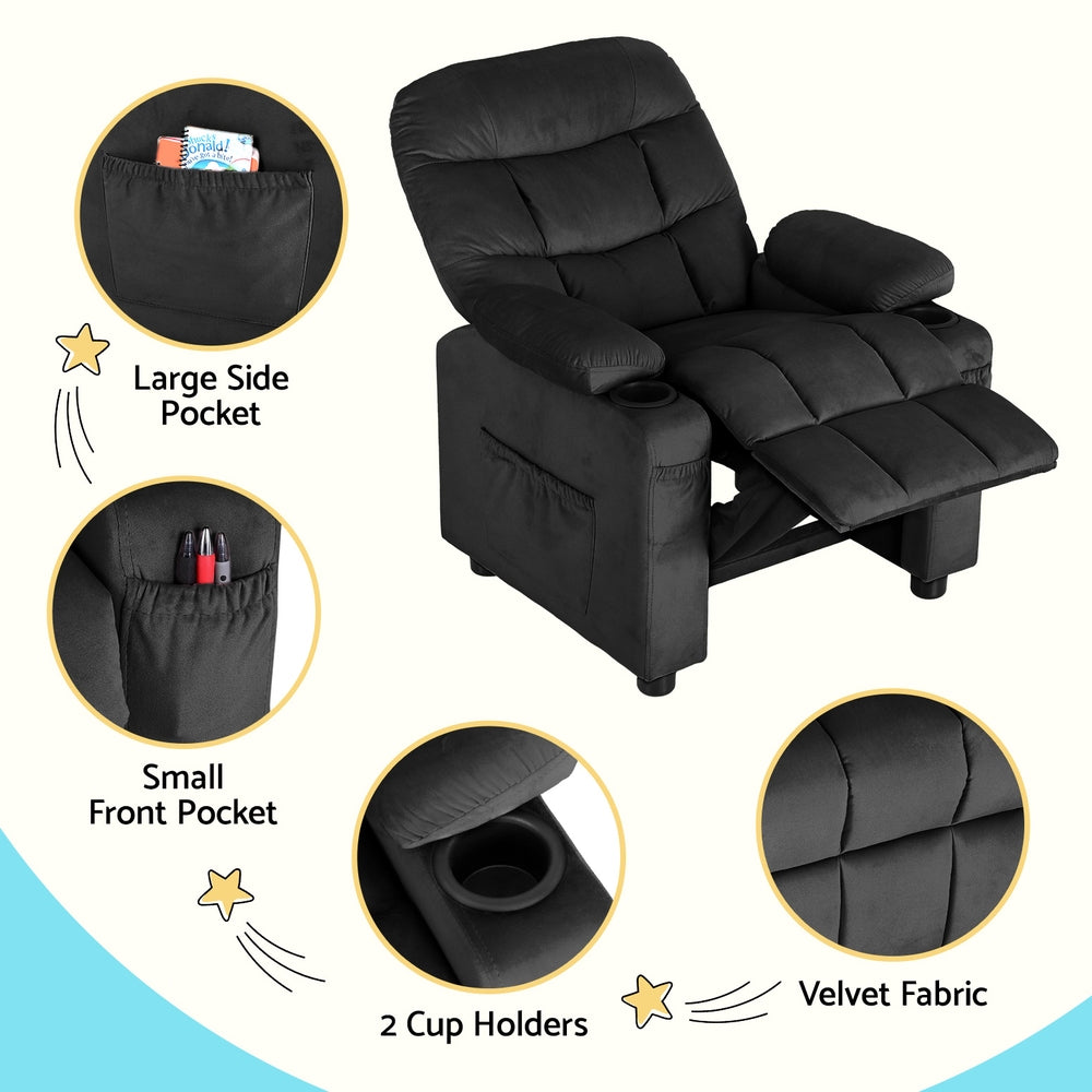 Keezi Kids Recliner Chair Black Velvet Sofa Lounge Couch Children Charis Armchair - Cosy Abode