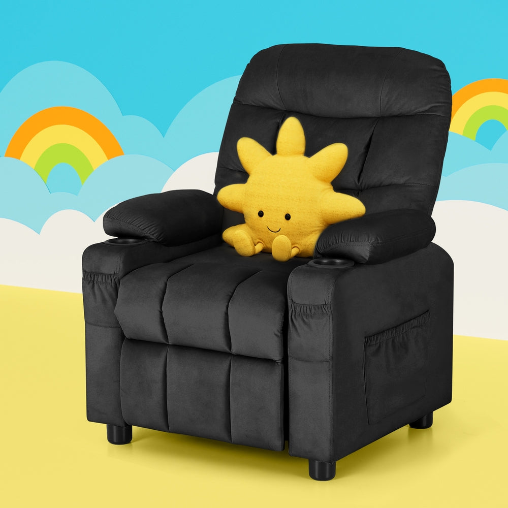 Keezi Kids Recliner Chair Black Velvet Sofa Lounge Couch Children Charis Armchair - Cosy Abode