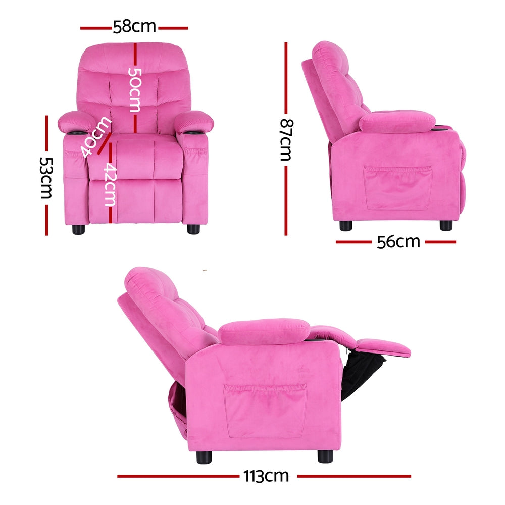 Keezi Kids Recliner Chair Pink Velvet Sofa Lounge Couch Children Charis Armchair - Cosy Abode