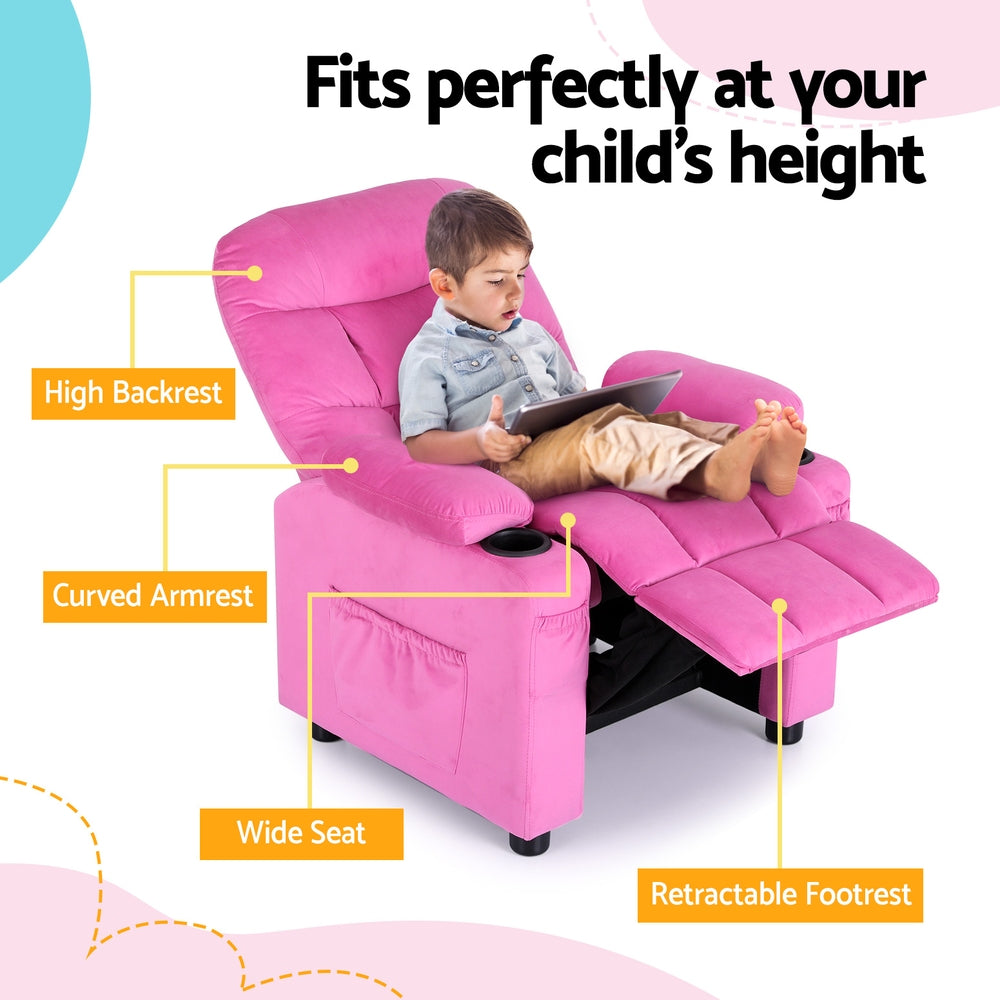 Keezi Kids Recliner Chair Pink Velvet Sofa Lounge Couch Children Charis Armchair - Cosy Abode