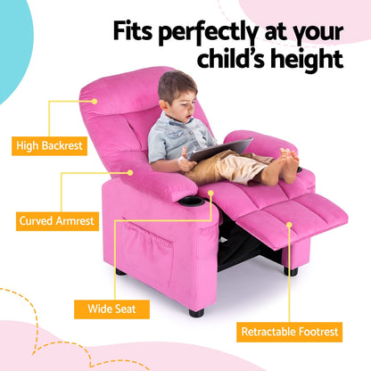 Keezi Kids Recliner Chair Pink Velvet Sofa Lounge Couch Children Charis Armchair - Cosy Abode