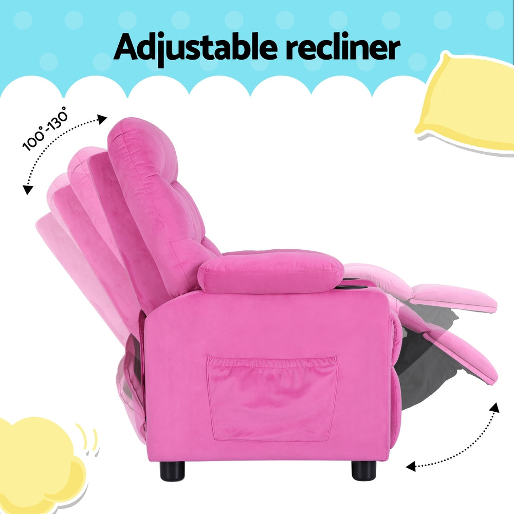 Keezi Kids Recliner Chair Pink Velvet Sofa Lounge Couch Children Charis Armchair - Cosy Abode