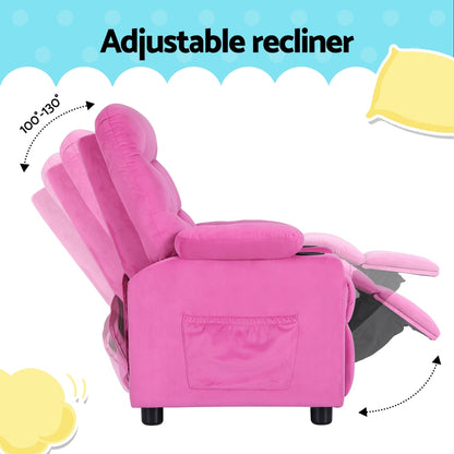 Keezi Kids Recliner Chair Pink Velvet Sofa Lounge Couch Children Charis Armchair - Cosy Abode