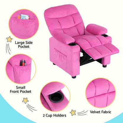 Keezi Kids Recliner Chair Pink Velvet Sofa Lounge Couch Children Charis Armchair - Cosy Abode