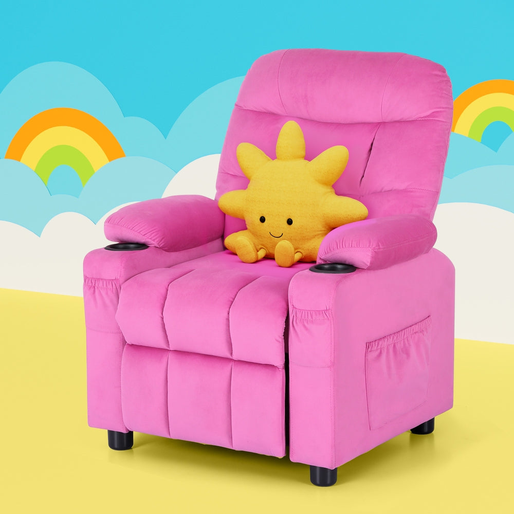 Keezi Kids Recliner Chair Pink Velvet Sofa Lounge Couch Children Charis Armchair - Cosy Abode