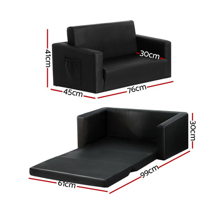 Keezi Kids Sofa 2 Seater Children Flip Open Couch PU Leather Armchair Black - Cosy Abode