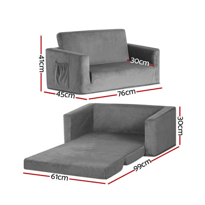 Keezi Kids Sofa 2 Seater Children Flip Open Couch Velvet Armchair Grey - Cosy Abode
