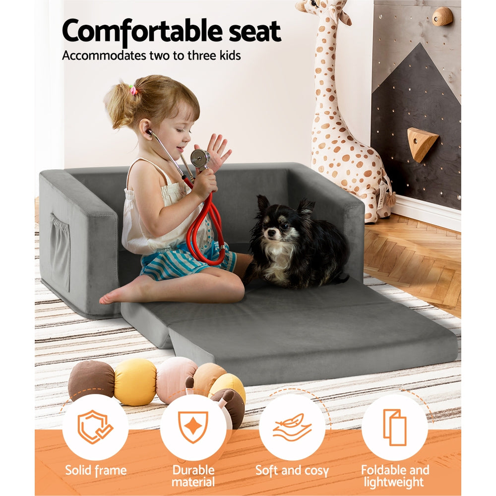 Keezi Kids Sofa 2 Seater Children Flip Open Couch Velvet Armchair Grey - Cosy Abode